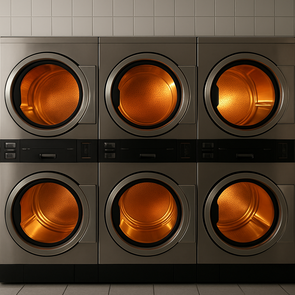 Commercial tumble dryers with round porthole doors in a laundromat