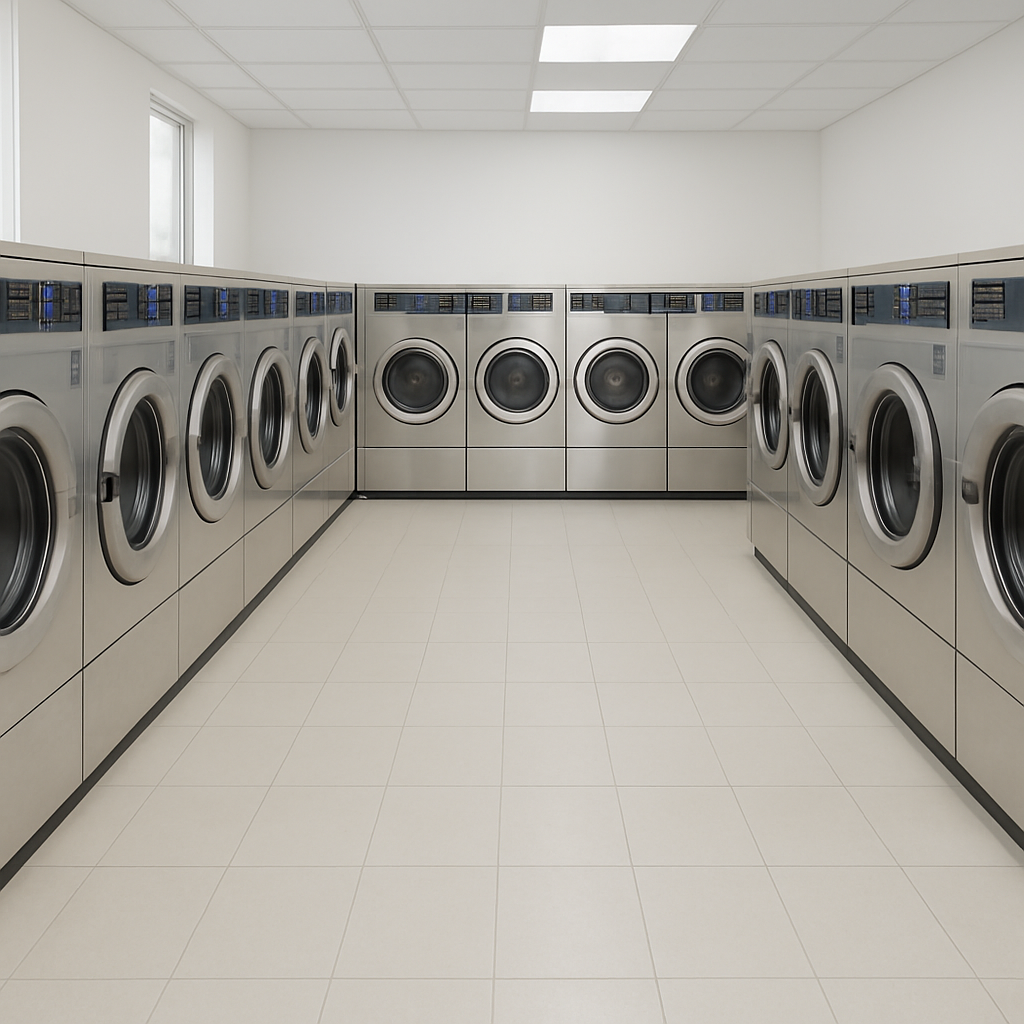 Rows of coin-operated washing machines in a bright laundromat